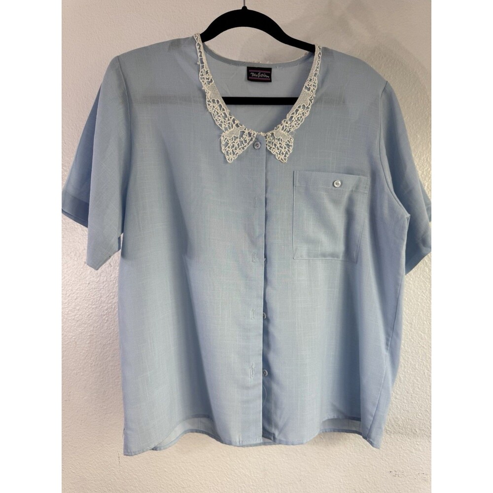 Vintage Blue Secretary Blouse Lace Colar New Fashion